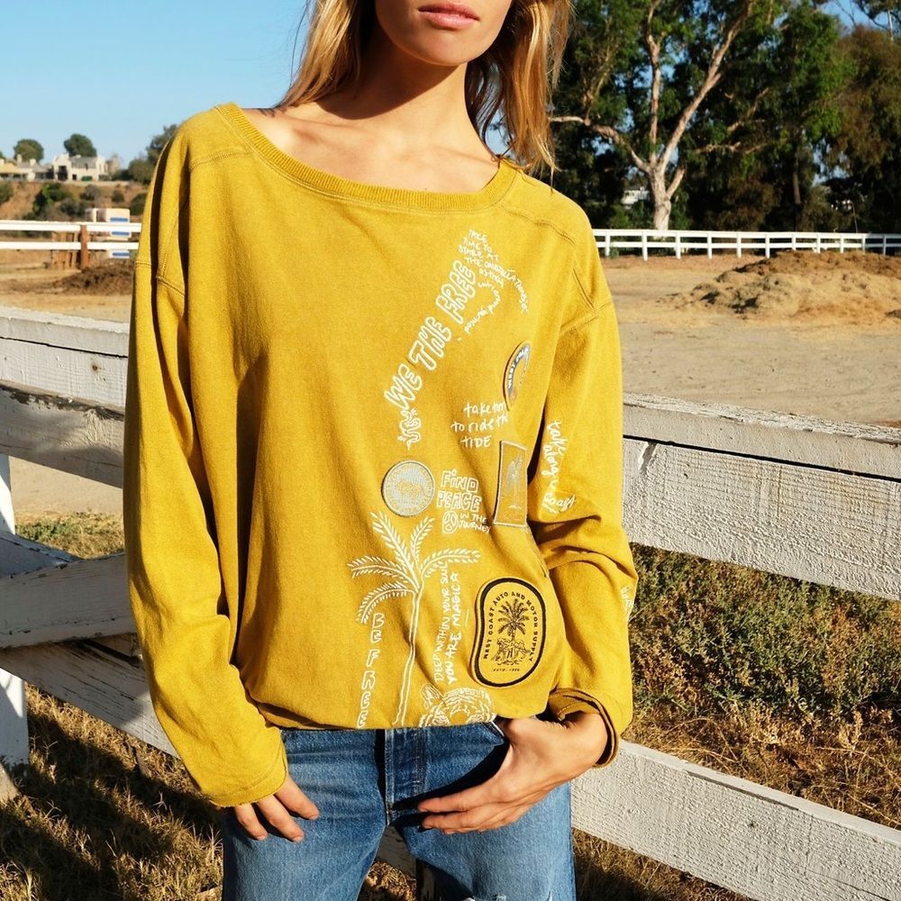 NWOT Free People We the Free Ivy Embroidered Long Sleeve Tee- Gold Combo
